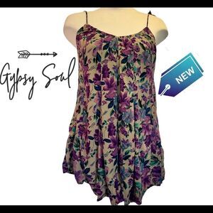 Nwt Gypsy Soul purple tan floral  pleated tank top camisole size S/M